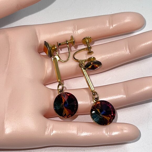 Weiss Signed Watermelon Rivoli Dangle Earrings Screwback Gold Plated Rare Nice ! - Picture 2 of 6